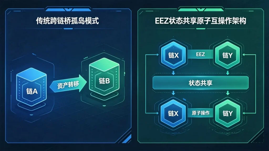 以太坊 Layer2 技术配图 - 传统跨链桥碎片化孤岛模式与 EEZ 状态共享原子互操作架构对比