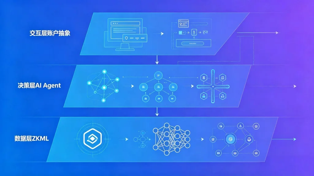 AI 与 Web3 三层融合配图 - 数据层 ZKML 隐私计算、决策层 AI Agent 协同、交互层账户抽象普及路径