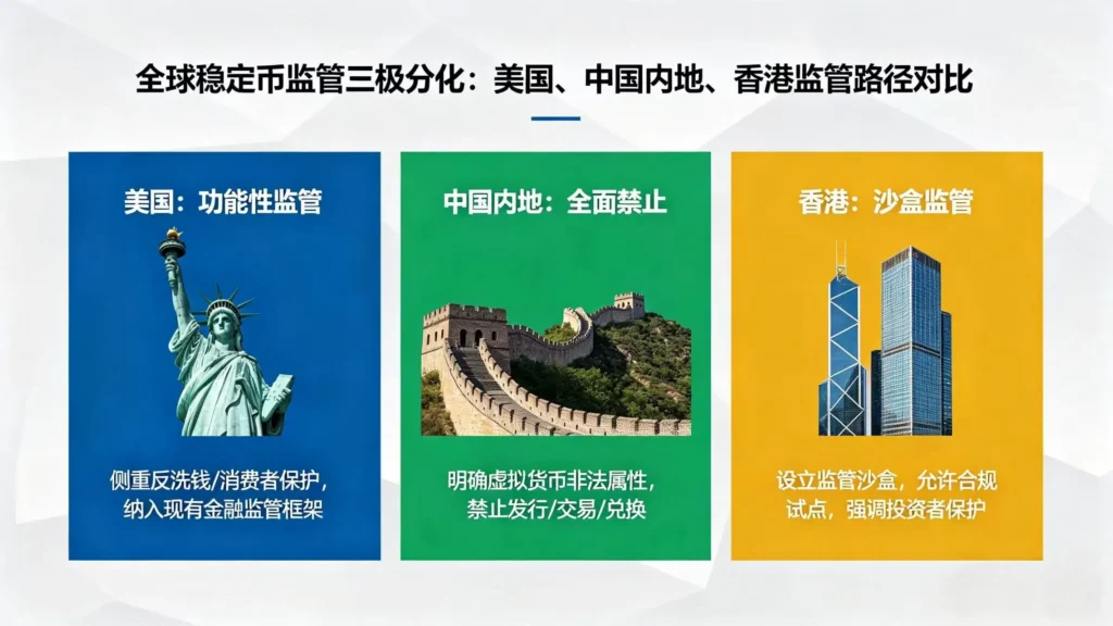全球稳定币监管三极分化配图 - 美国美元霸权延伸、中国内地主权底线、香港区域枢纽三种路径对比