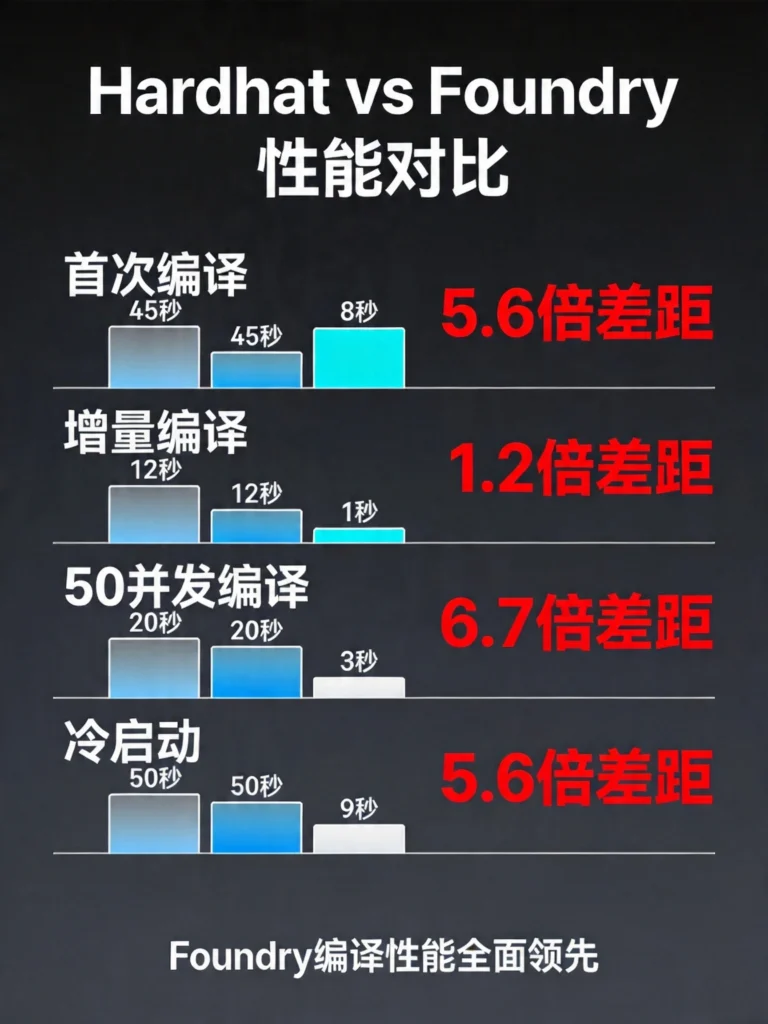 编译速度对比柱状图，展示四个场景下Hardhat与Foundry的5-12倍性能差距