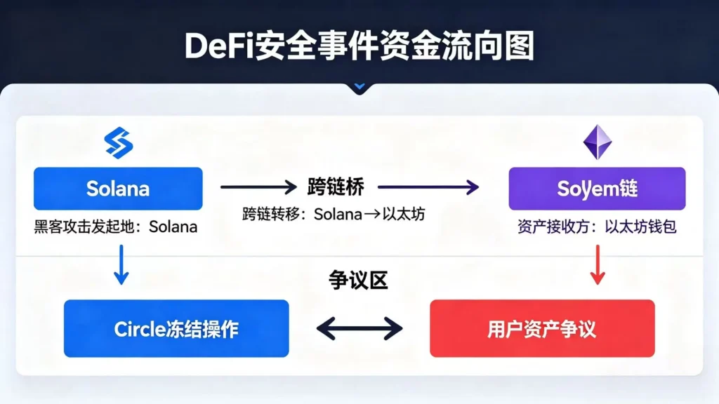 DeFi 黑客攻击资金流向配图 - Solana 到以太坊跨链转移路径,USDC 冻结争议与 DeFi 安全深层矛盾
