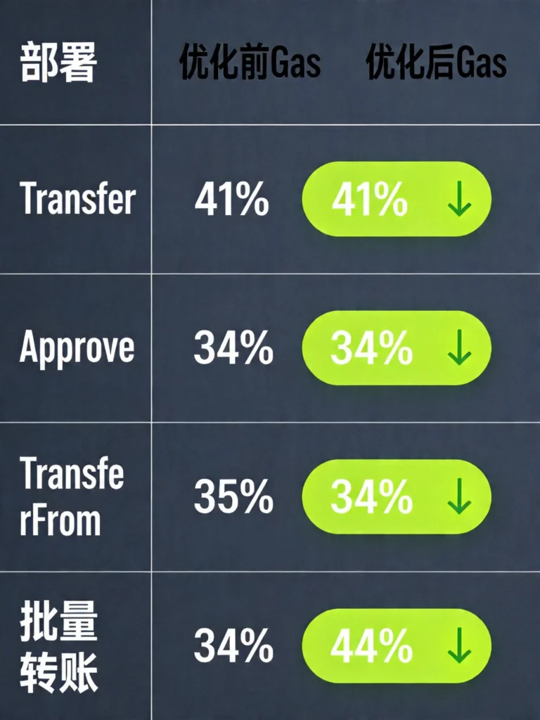 优化前后Gas消耗对比表格，展示五个操作的节省比例34%-44%