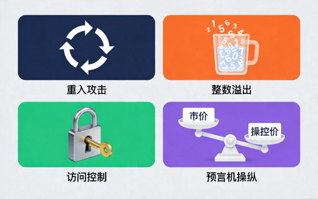 浅灰色背景的四象限漏洞分类图,左上蓝色展示重入攻击(循环箭头),右上橙色展示整数溢出(数字溢出水杯),左下绿色展示访问控制(锁与钥匙),右下紫色展示预言机操纵(失衡天平),每种漏洞配清晰图标和标签