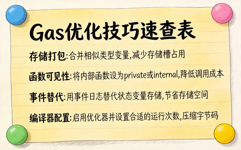 Gas优化四大技巧速查:存储打包、函数可见性、事件替代、编译器配置