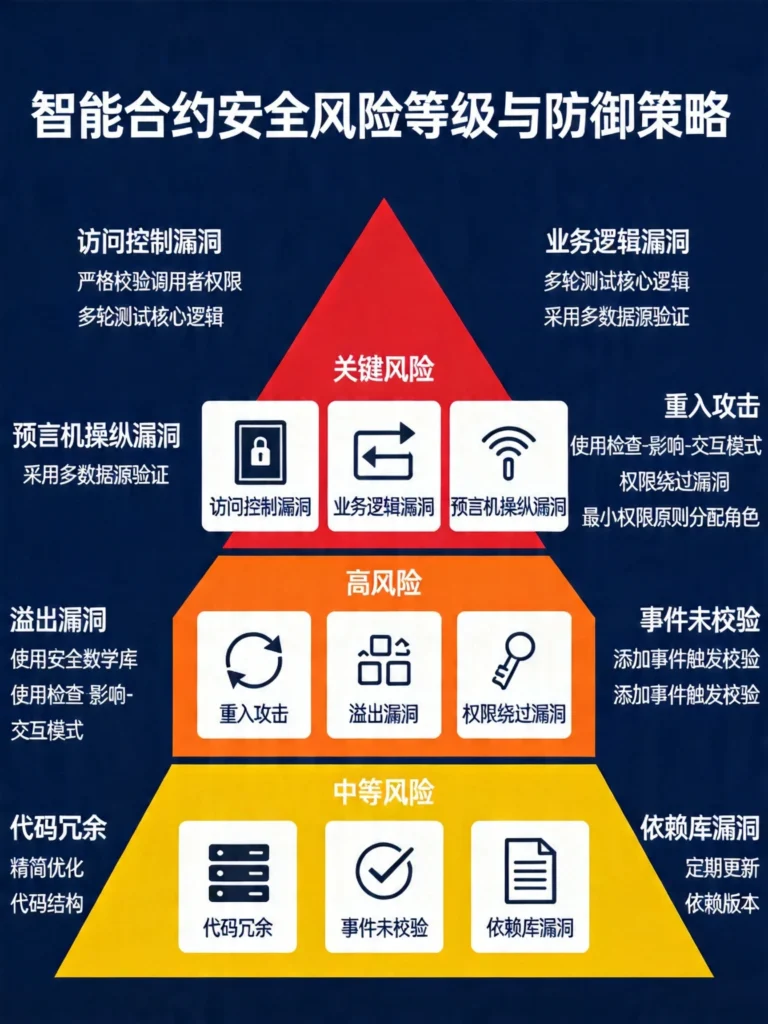 展示智能合约十大风险等级分布的金字塔形防护框架图