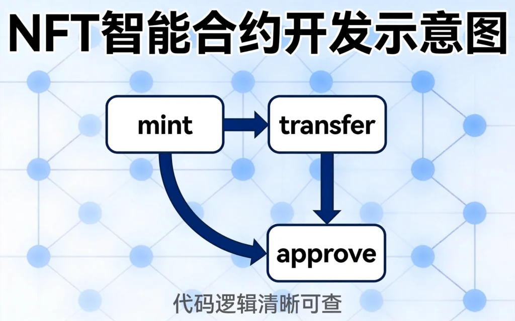 NFT智能合约开发流程图，展示mint、transfer、approve等核心函数模块及区块链网络架构