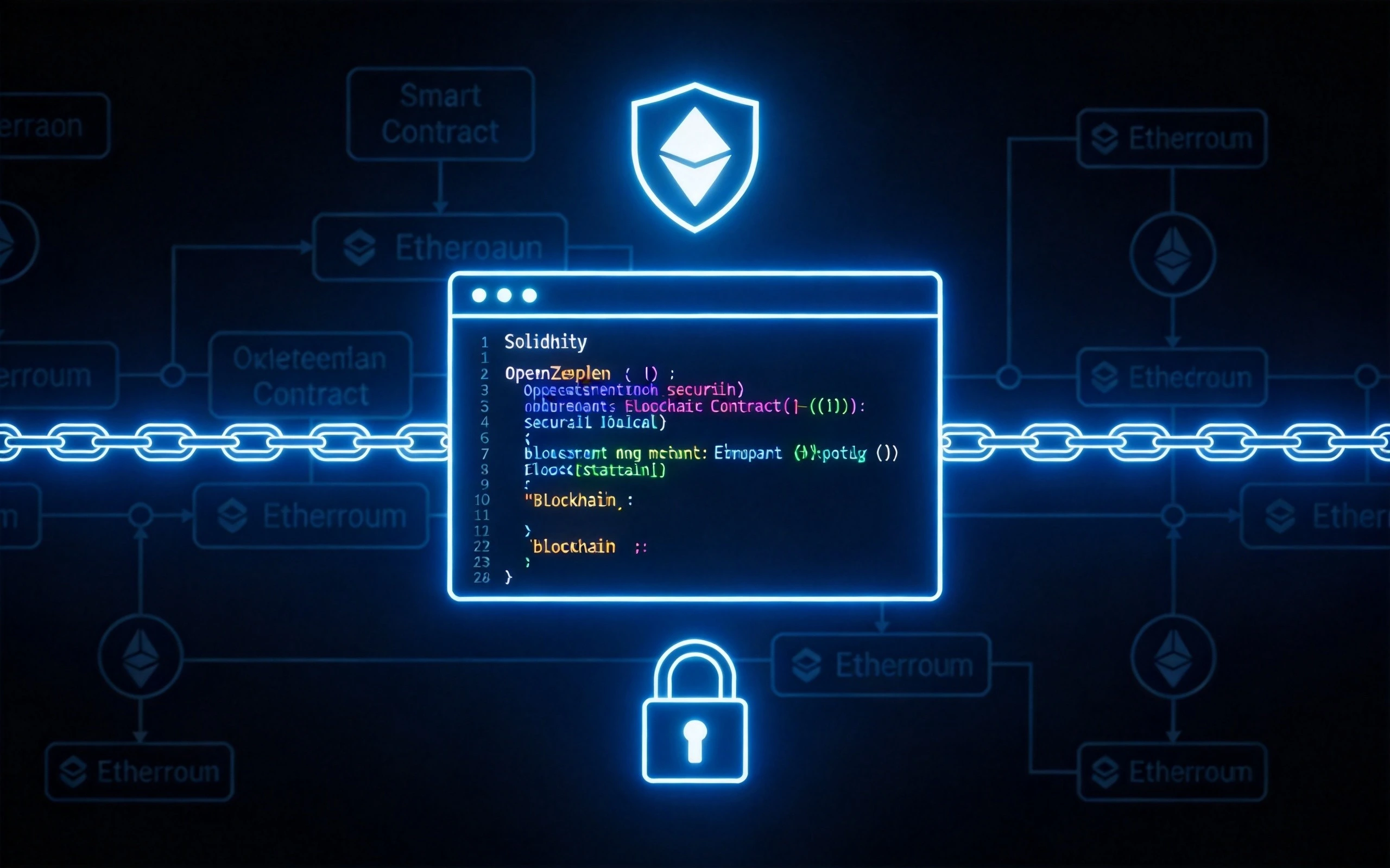OpenZeppelin Contracts v6智能合约安全库封面，Solidity代码界面与安全盾牌区块链交互赛博科技风