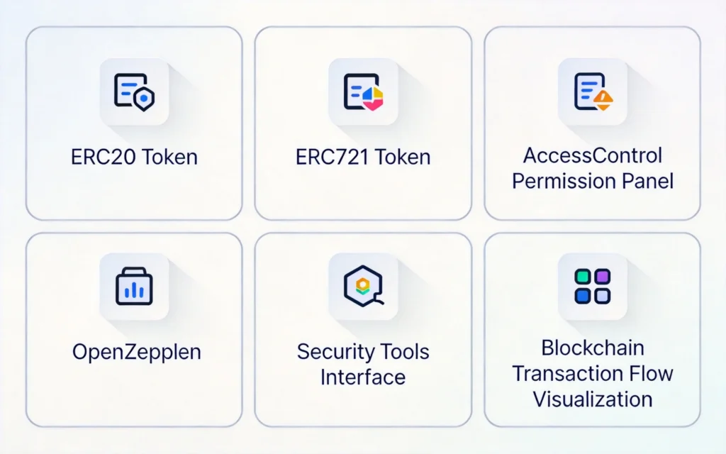 OpenZeppelin模块架构扁平UI示意图，ERC代币标准、访问控制权限面板与安全工具仪表盘界面