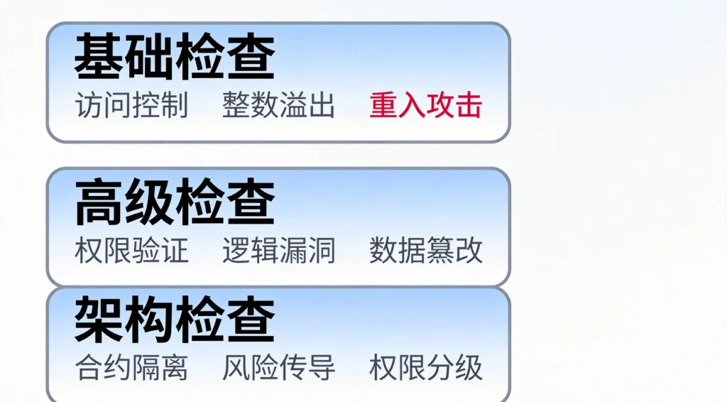 智能合约安全审计三大检查层次图，基础、高级、架构检查要点