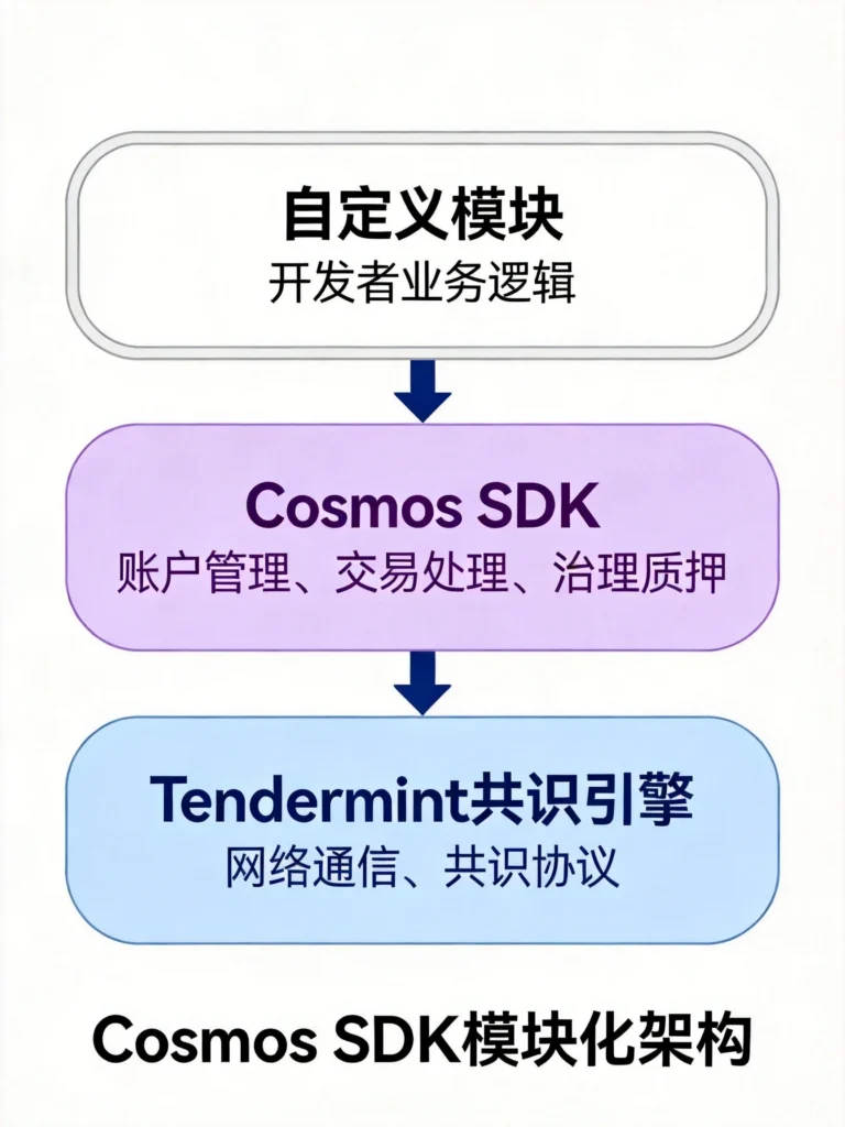 Cosmos SDK三层架构图，从Tendermint共识到底层自定义模块的完整技术栈