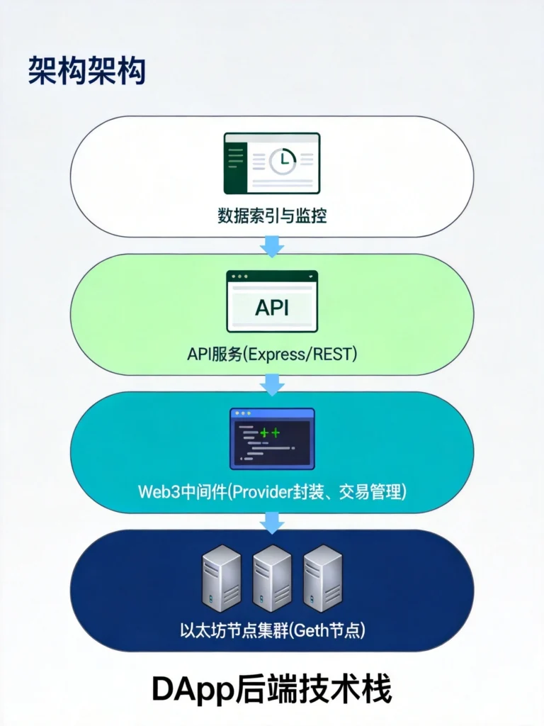 DApp后端四层技术栈架构，从以太坊节点集群到数据索引监控的完整链路