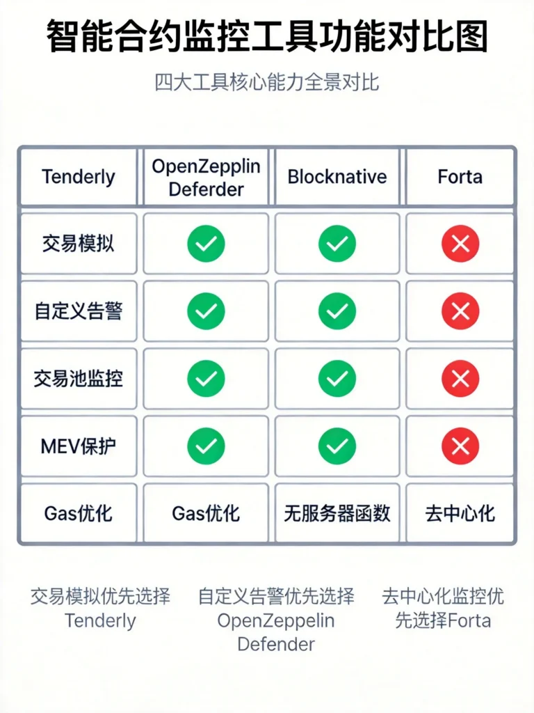 Tenderly、OpenZeppelin Defender、Blocknative、Forta四大智能合约监控工具核心功能对比表