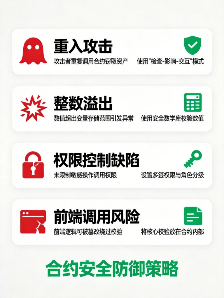四大智能合约安全漏洞类型与防御策略对照：重入攻击、整数溢出、权限缺陷、前端风险