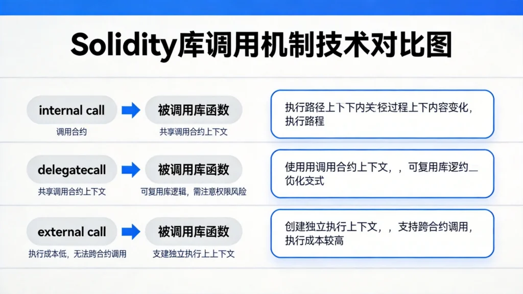 Solidity库合约三种调用机制对比图，解析内部调用与delegatecall执行上下文差异