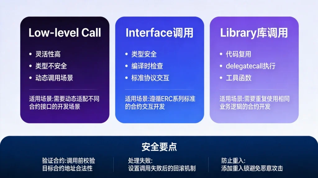 Solidity三种调用方式对比图，Call、Interface与Library的特点与安全要点解析
