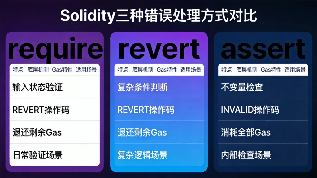 Solidity三种错误处理方式对比图，require、revert、assert的底层机制与Gas特性解析
