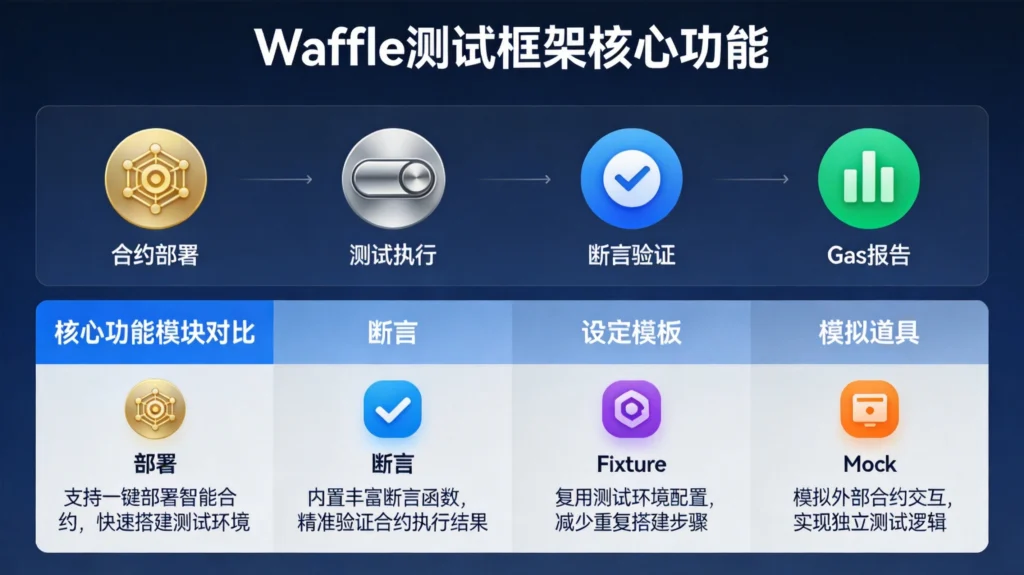 Waffle测试框架核心功能流程图，涵盖合约部署、测试断言、Fixture状态管理与Mock模拟