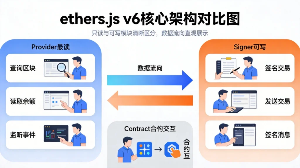 ethers.js v6架构对比图，展示Provider只读查询与Signer交易签名功能模块关系