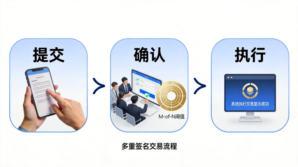 多签交易工作流程图，展示提交、确认、执行三阶段的完整生命周期