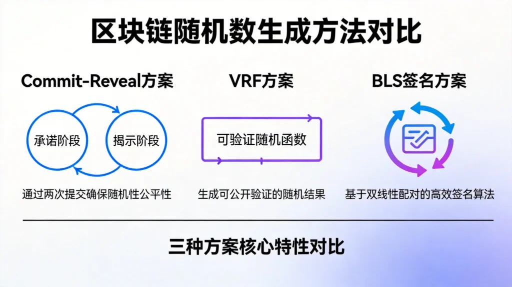 链上随机数生成方案对比图，展示Commit-Reveal、VRF、BLS签名三种方法的优缺点