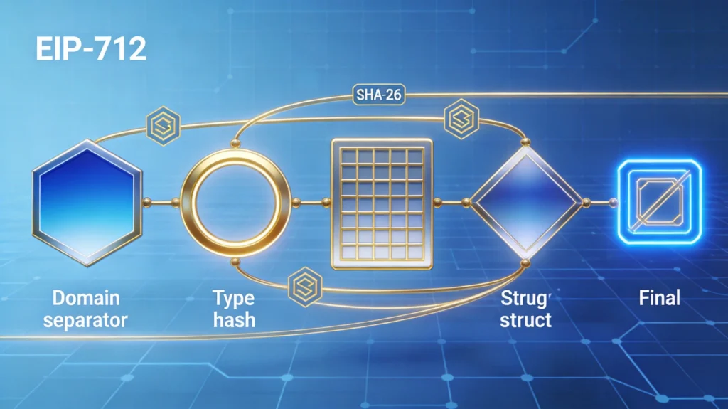 EIP-712结构化签名流程图，从域分隔符到签名验证的完整路径