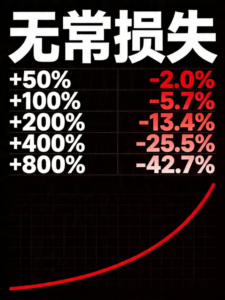 无常损失数据表格，展示不同价格波动下的损失比例从2%到42.7%