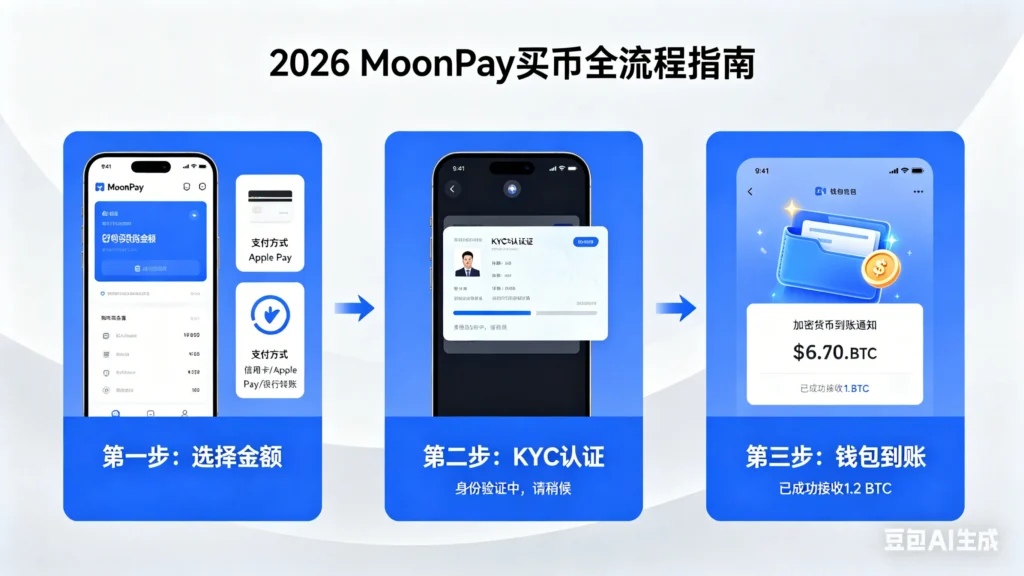 MoonPay 买币流程示意图，展示银行卡支付、身份认证与加密货币到账全流程