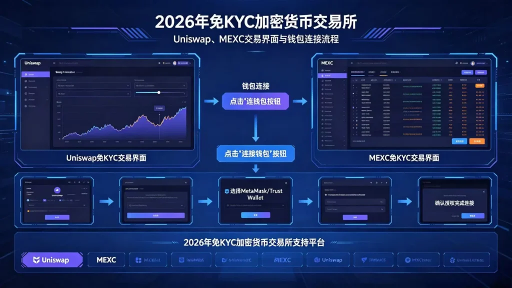 免 KYC 加密货币交易流程示意图,展示去中心化钱包连接与平台交易界面