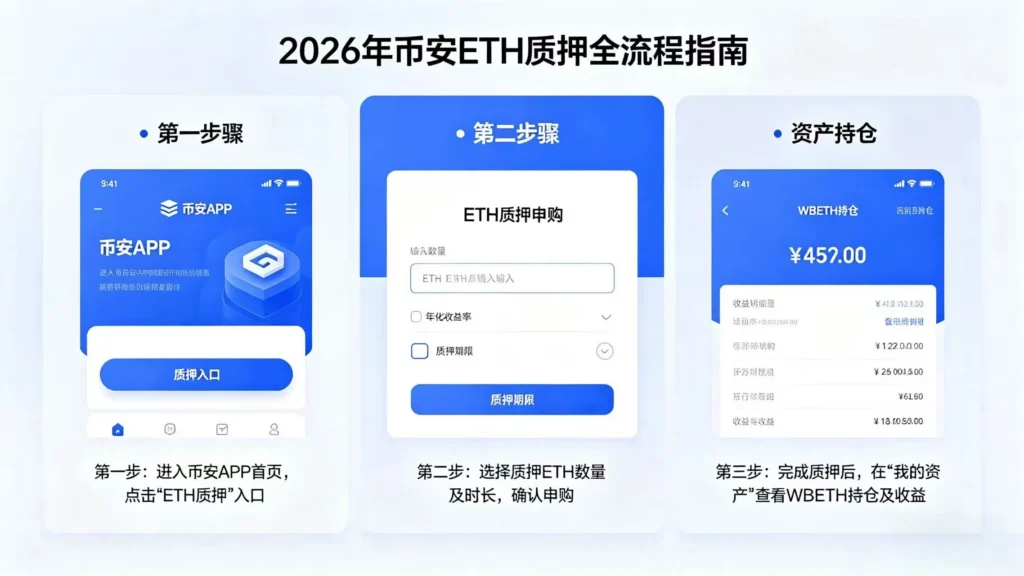 币安 ETH 质押操作流程图，展示从进入质押入口到查看 WBETH 持仓的完整步骤